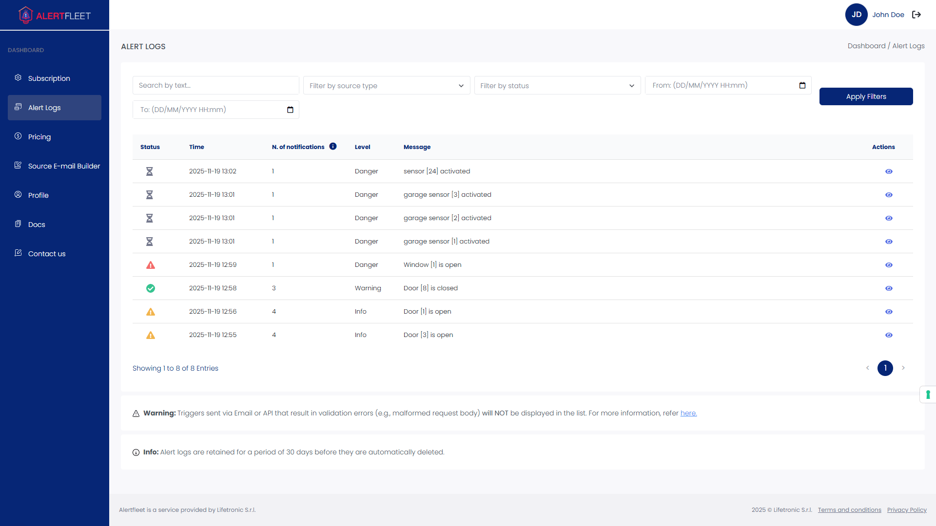 Dashboard – System Log
